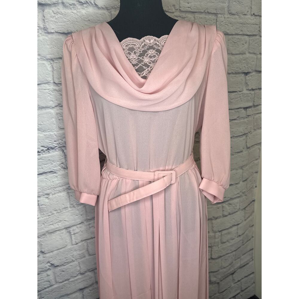Bobby's Girl Pink Vintage Cowl Neck Lace Semi Sheer Secretary Dress Belt Size 14